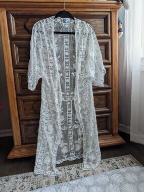 White Lace Kimono Cardigan Boho Sheer Floral Cover Up Lightweight Duster Size L